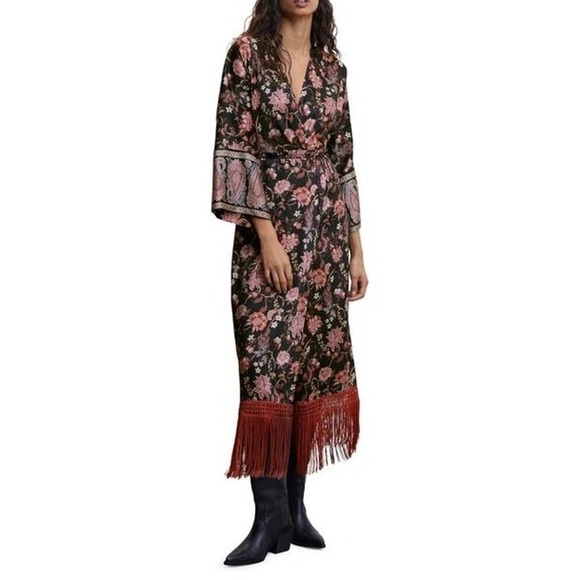 Mango MNG Floral Fringe Maxi Kimono Dress Bell Sleeve Black Red Women's Size 6 - Picture 1 of 16